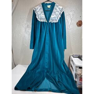 Gilligan & O'Malley Vintage Robe 80's Velour Lace Trim Button Green Size 16-18